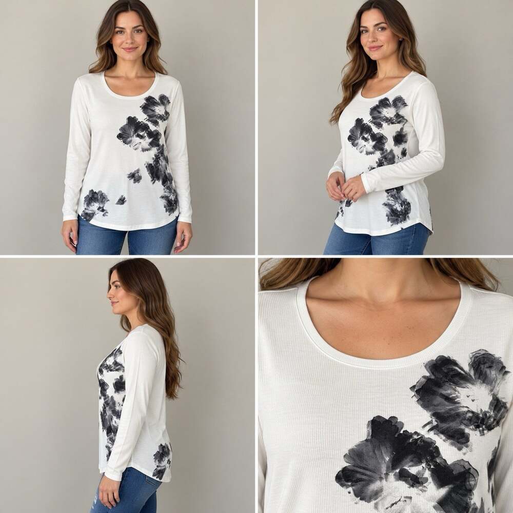 Simply Vera Vera Wang Top Women’s XL White Black Floral Ribbed Long Sleeve NWT